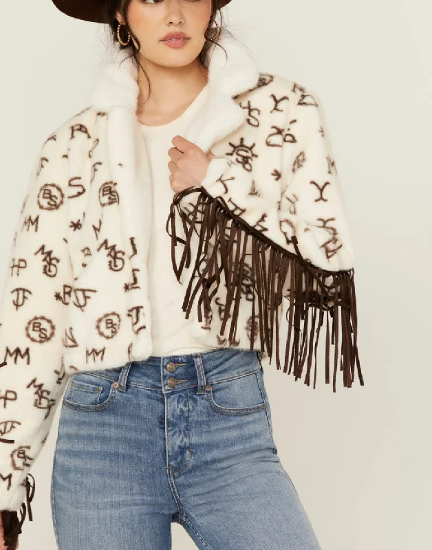 Statement JacketsPANHANDLE WOMEN’S CONVERSATION PRINT FUR FRINGE JACKET