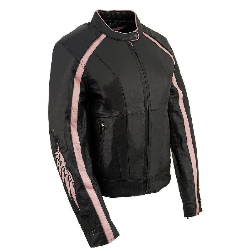 Corduroy JacketsPINK Leather ML1952 Women's Black and Pink Embroidered and Stud Design Scooter Jacket