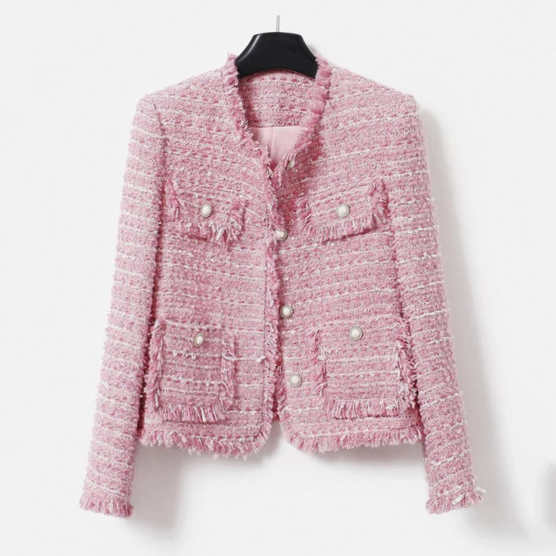 Fleece JacketsPink Women's Coarse Tweed Jacket - Autumn/Winter Socialite Tassel Design