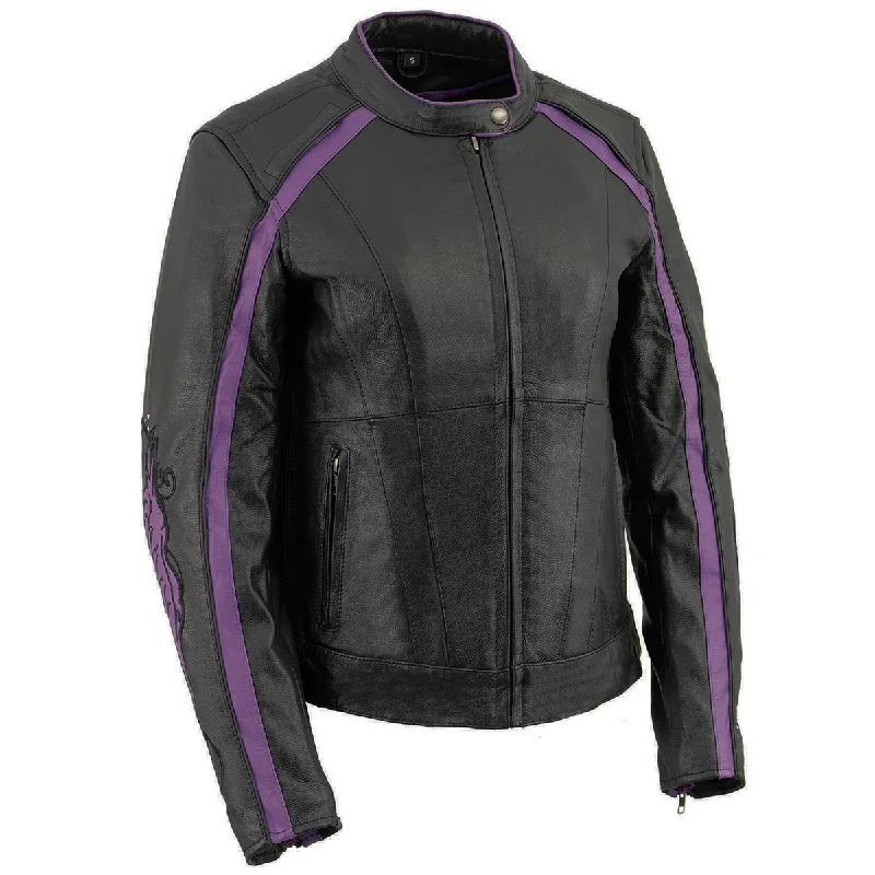 BlazersPURPLE Leather ML1952 Women's Black and Purple Embroidered and Stud Design Scooter Jacket