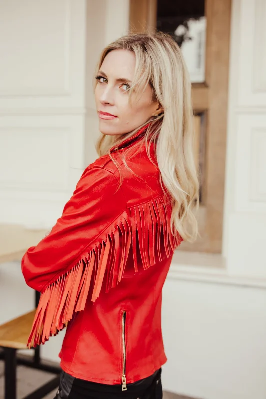 Cropped JacketsRed Nashville Stretch Leather Fringe Jacket