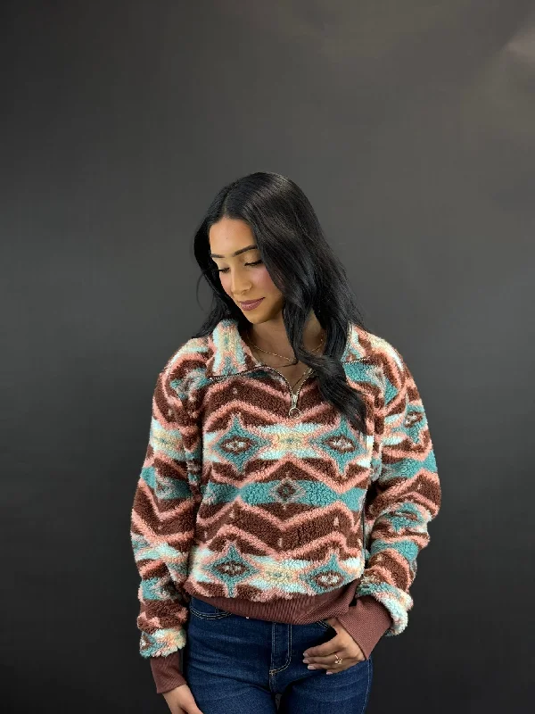 Button-Up JacketsRock&Roll Womens Brown & Teal All Over Print Pullover