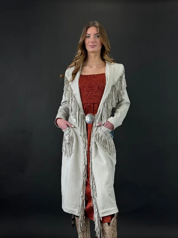 Studded JacketsPANHANDLE X POWDER RIVER OUTFITTERS NATURAL LONG SUEDE JACKET WITH FRINGE