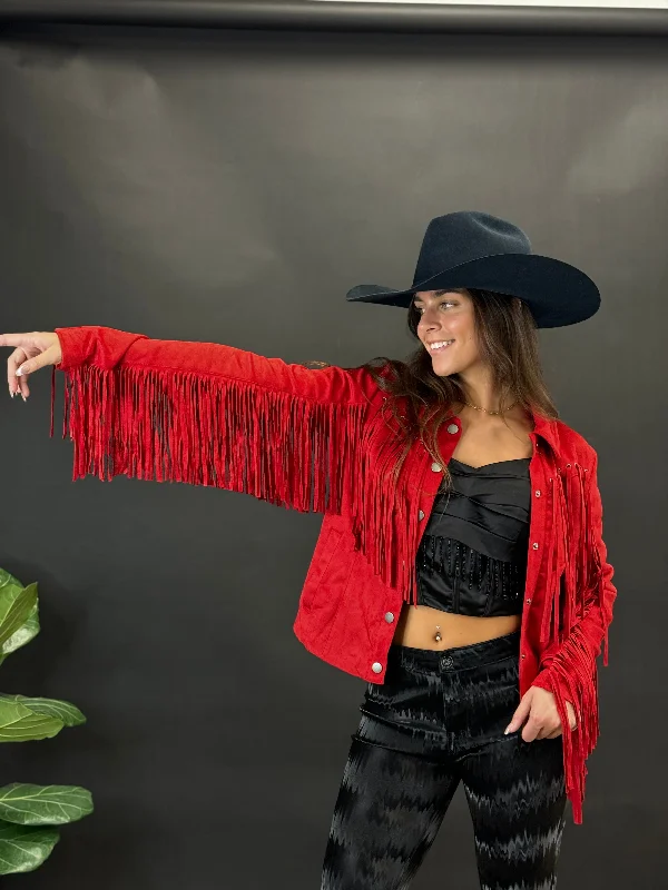 Track JacketsRock&roll Womens Short Suede Fringe Coat Red