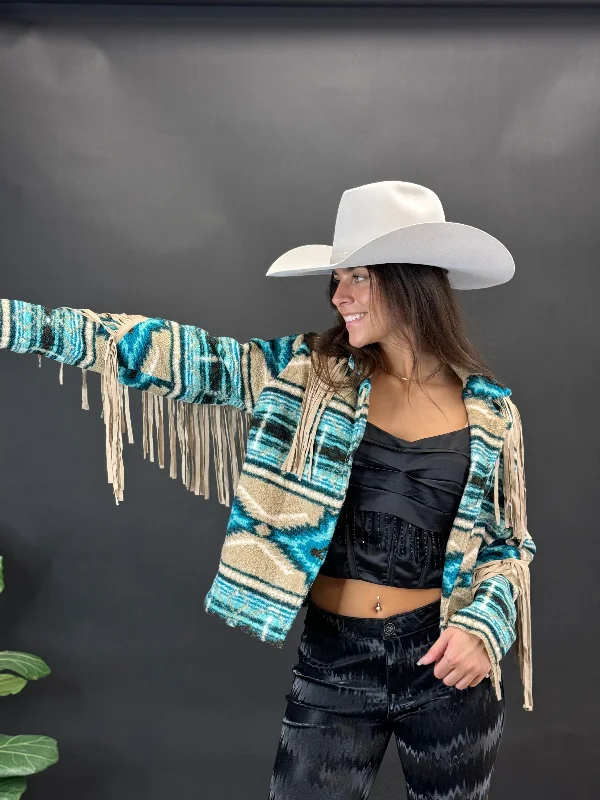 Sequined JacketsRock&roll Womens Teddy Berber Jacket W Fringe Turquoise