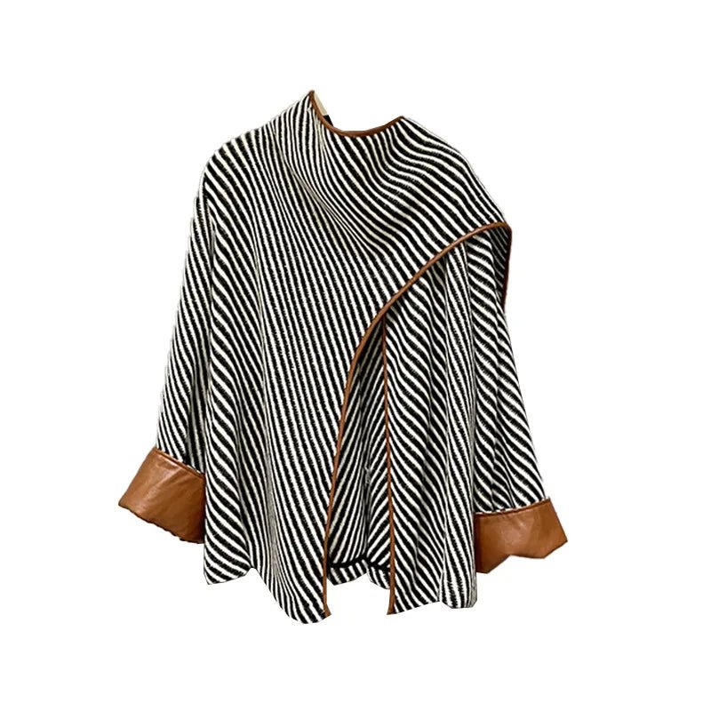 Field JacketsStylish and Cozy: Striped Wool Shawl Jacket with PU Leather Edging for Women