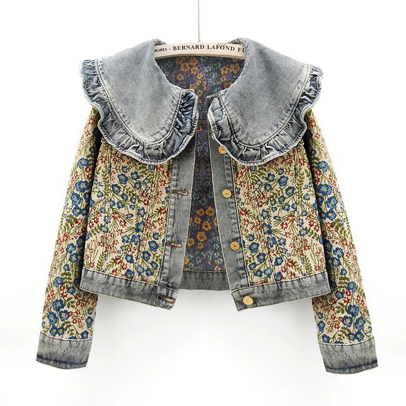 Tasseled JacketsStylish Autumn Denim Jacket with Jacquard Embroidery and Peter Pan Collar for Women