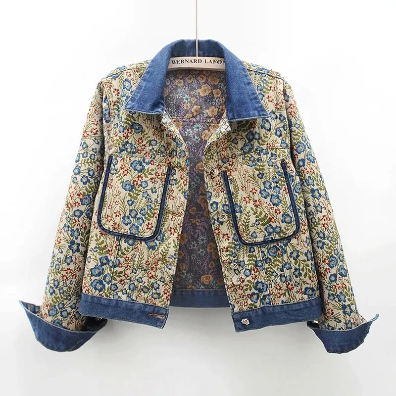 Parka JacketsVintage Jacquard Embroidery Denim Jacket for Women