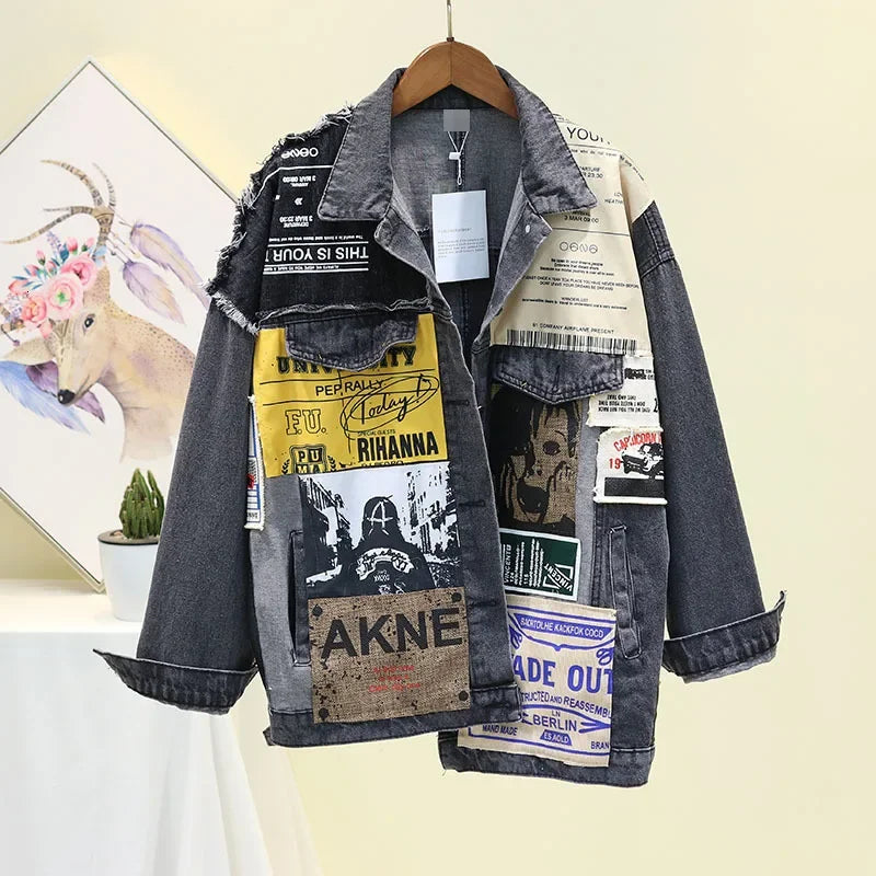 Field JacketsVintage Patchwork Denim Jacket - Trendy Graphic Design