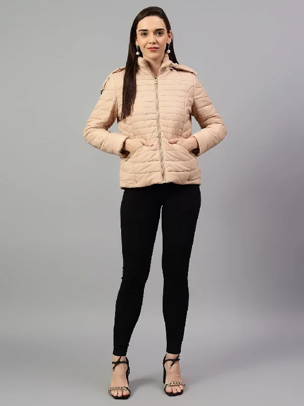 Layered JacketsWomen's Beige Solid Full Sleeves Winter Jacket