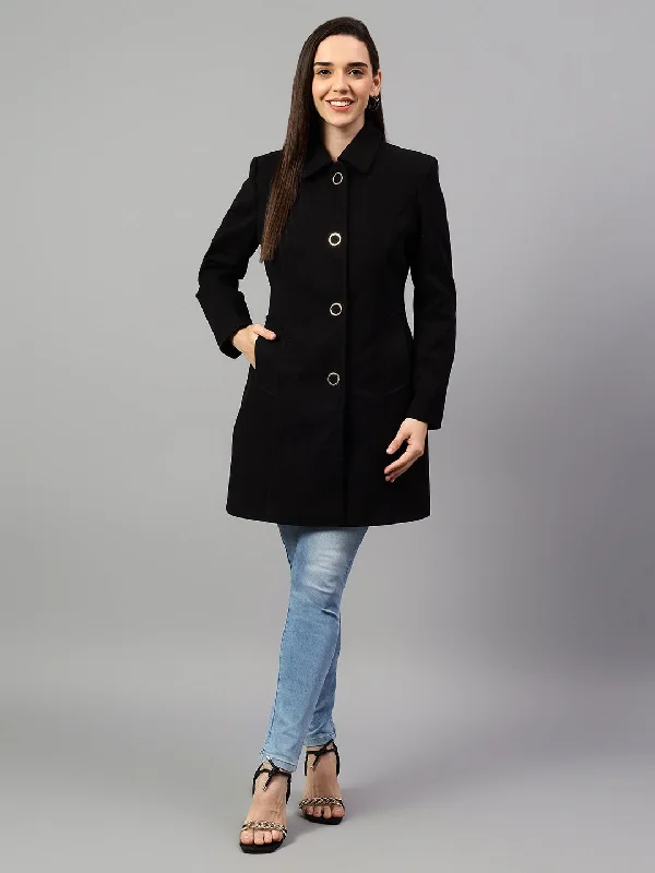 Hooded JacketsWomen's Black Solid Full Sleeves Winter Long Coat