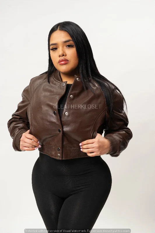 Fringed JacketsWomen's Crop Leather Varsity Jacket [Brown]