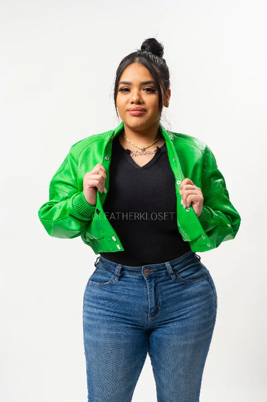 Leather-Paneled JacketsWomen's Crop Leather Varsity Jacket [Green]