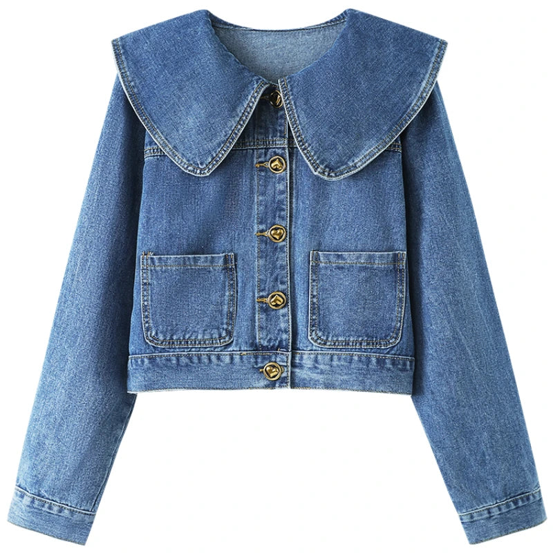 Cropped JacketsWomen's Denim Jacket with Peter Pan Collar