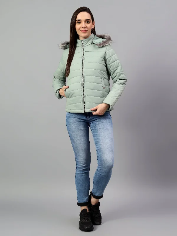 Suede JacketsWomen's Green Solid Full Sleeves Winter Jacket