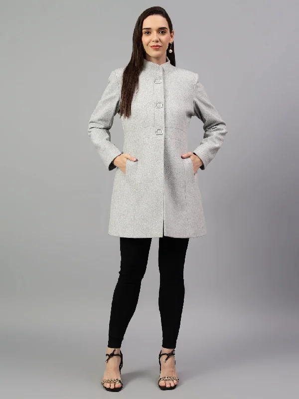 Down JacketsWomen's Grey Solid Full Sleeves Winter Long Coat