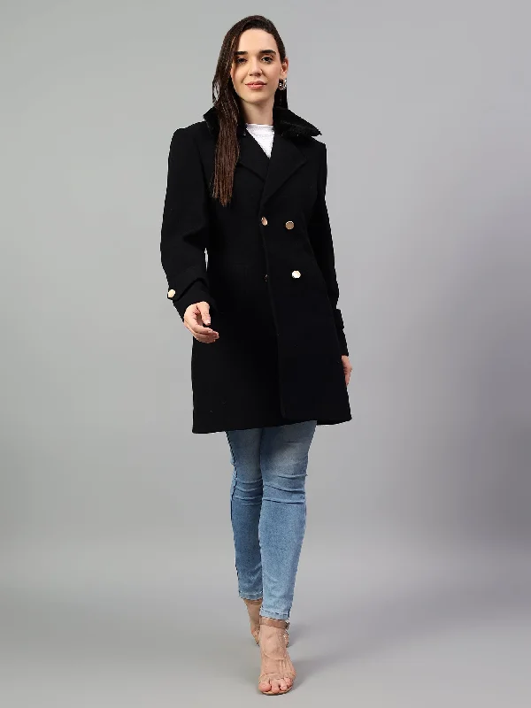 Sheer JacketsWomen's Navy Blue Solid Full Sleeves Winter Long Coat