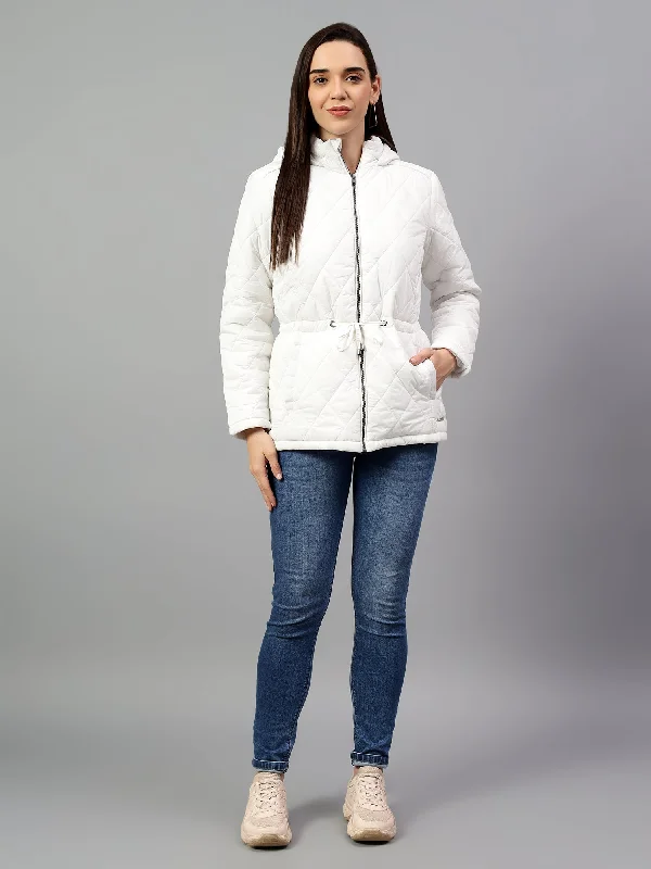 Ribbed Cuff JacketsWomen's Off White Solid Full Sleeves Winter Jacket