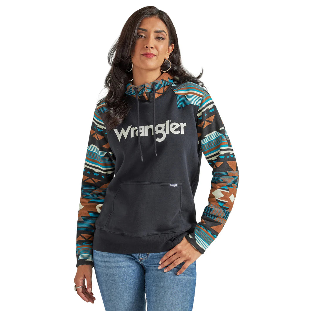 Fishing JacketsWRANGLER WOMEN BLACK HOODIE W/ TEAL AZTEC SLEEVE