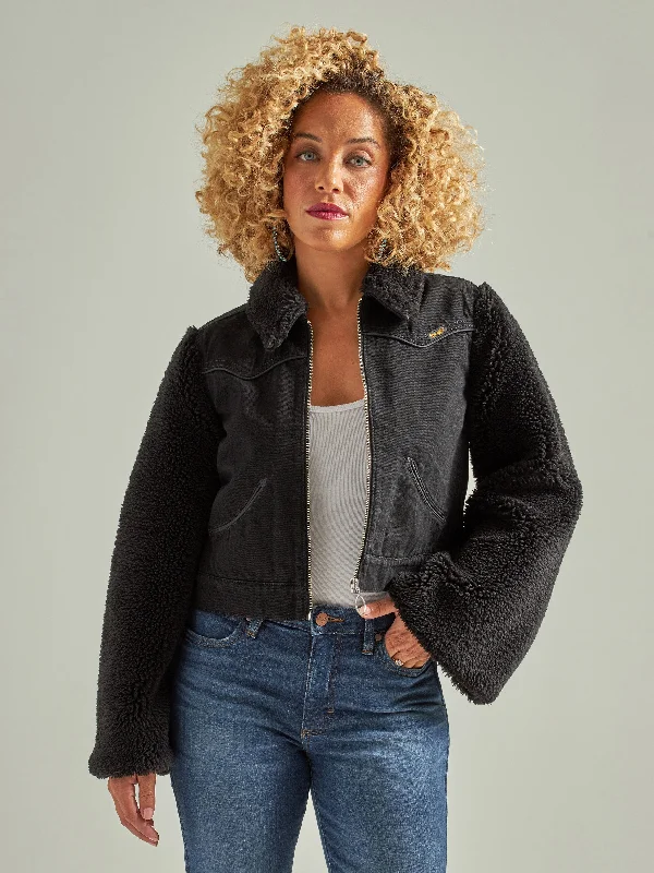 Formal JacketsWrangler Women's Retro Black Denim Contrast Sleeve Jacket