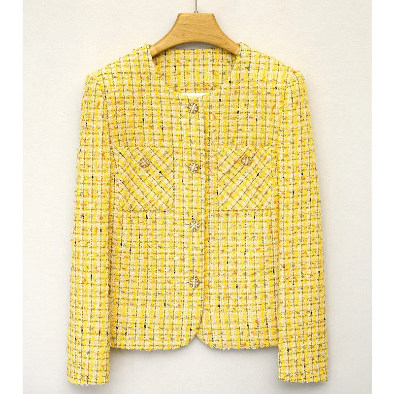 Festival JacketsYellow Luxury Woven Tweed Coat - Small Fragrance Jacket