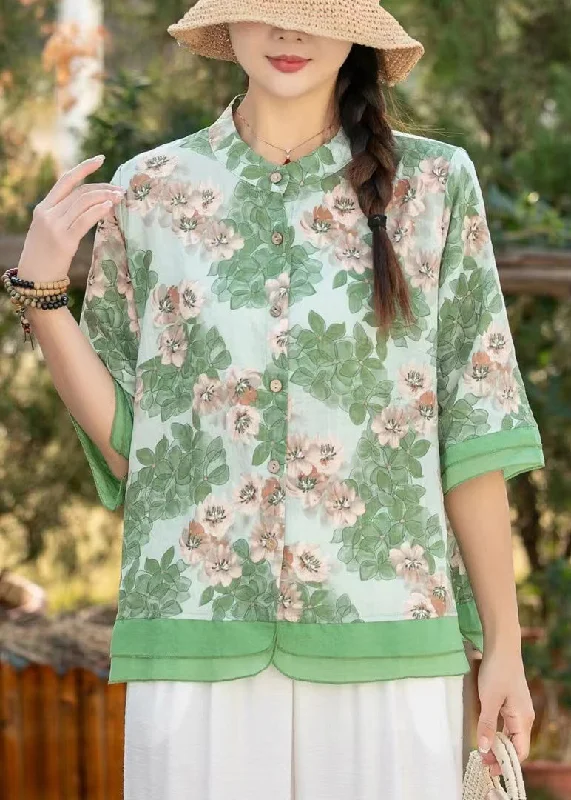 Lounge ShirtsBeautiful Green Stand Collar Print Linen Shirt Top Half Sleeve