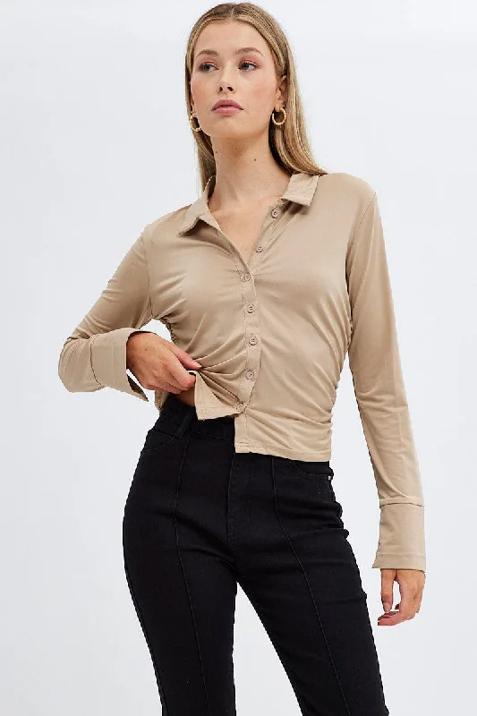 Embellished ShirtsBeige Long Sleeve Shirt Collared Side Ruched