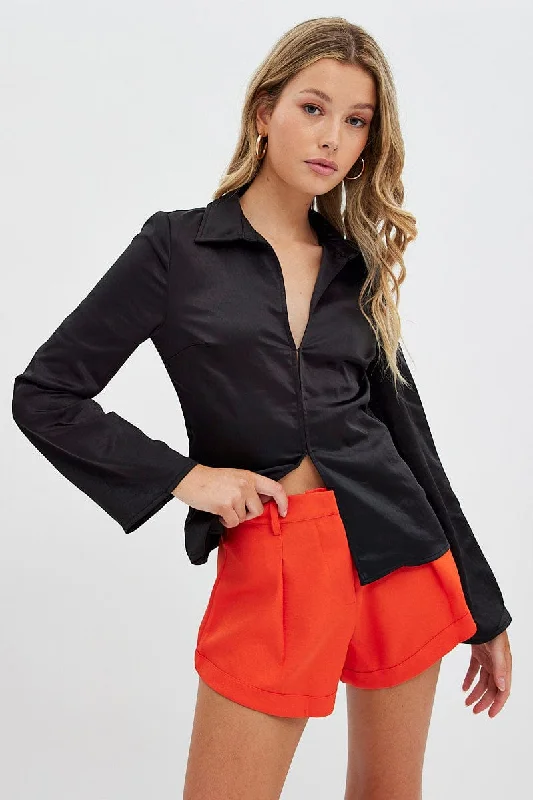 Mesh ShirtsBlack Shirt Long Sleeve Collared Hook & Eye Satin Crepe