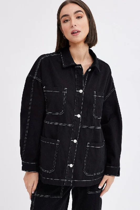 Logo ShirtsBlack Shirt Long Sleeves Collared Contrast Stitch Denim