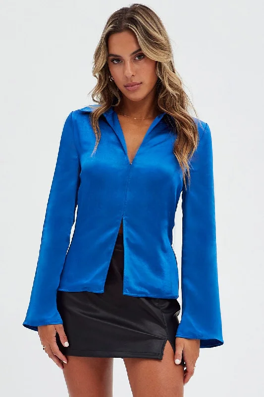 Retro ShirtsBlue Shirt Long Sleeve Collared Hook & Eye Satin Crepe