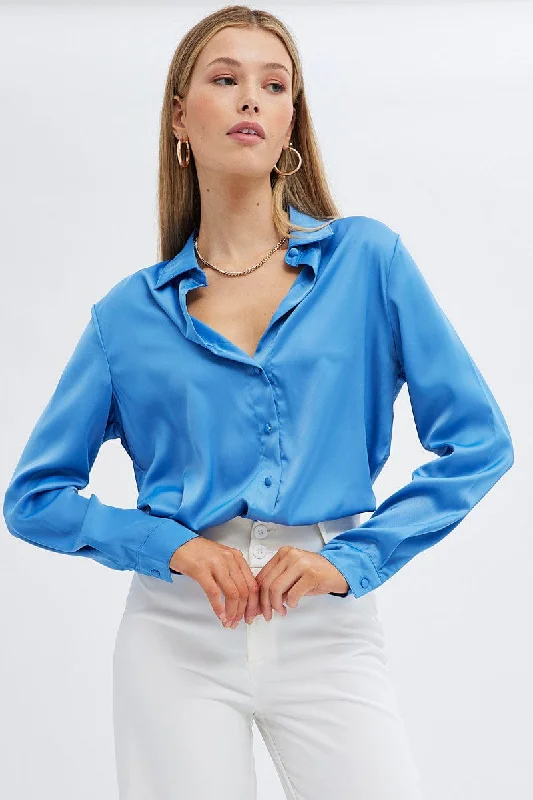 College ShirtsBlue Shirt Long Sleeve Collared Longline Matte Satin