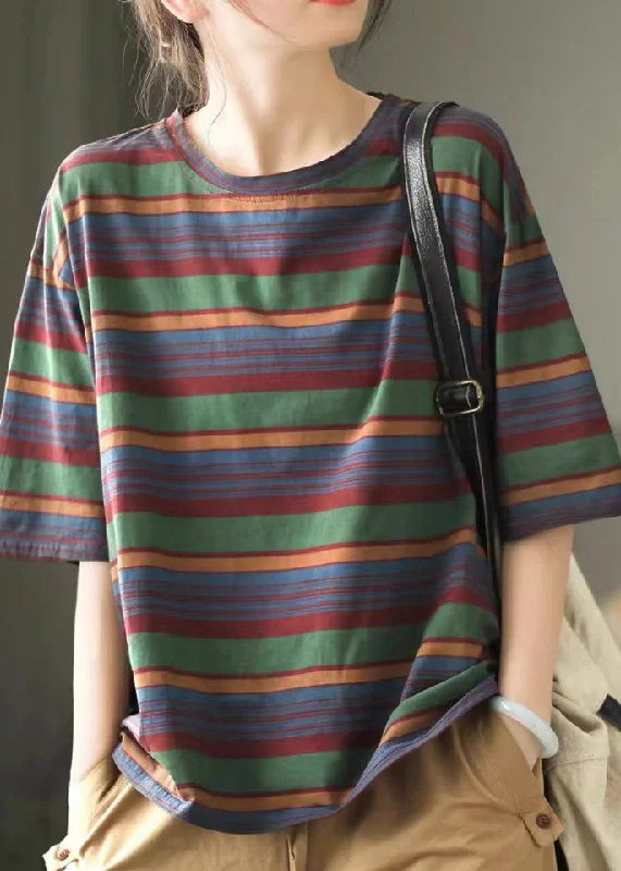 Button-Up ShirtsCasual Versatile Red O Neck Striped Cotton T Shirts Summer