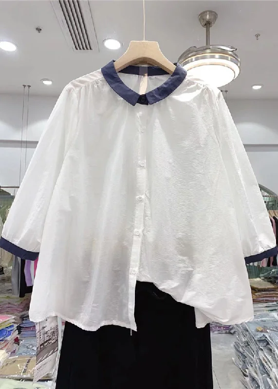 Cropped ShirtsCasual White Peter Pan Collar Cotton Shirts Bracelet Sleeve