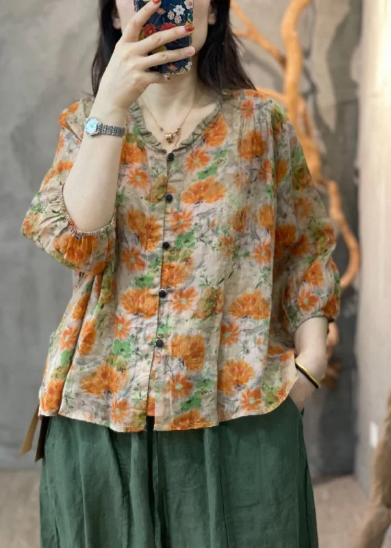 Oversized ShirtsChic Orange Print Ruffled Patchwork Button Shirt Long Sleeve