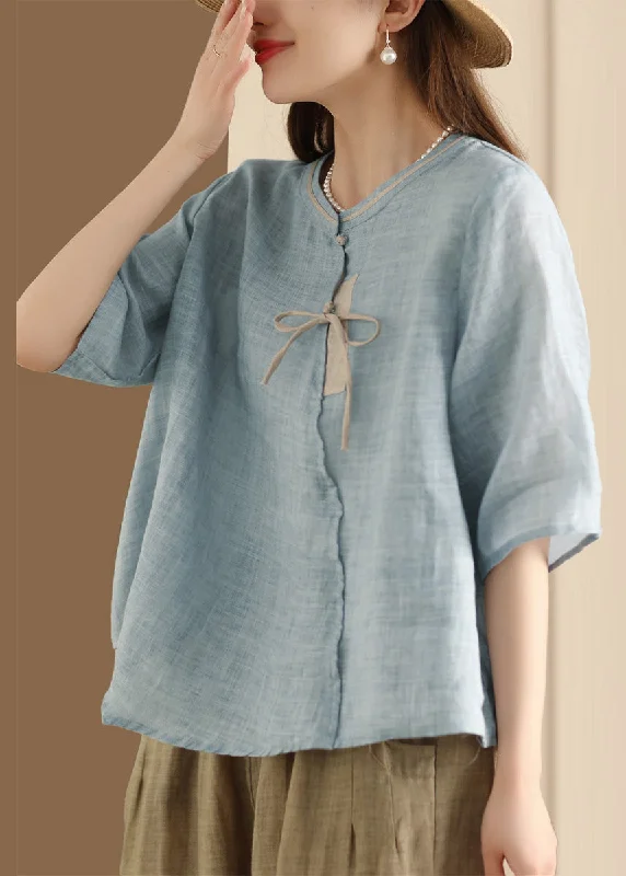 Thermal ShirtsChinese Style Blue Stand Collar Button Linen Shirt Top Summer