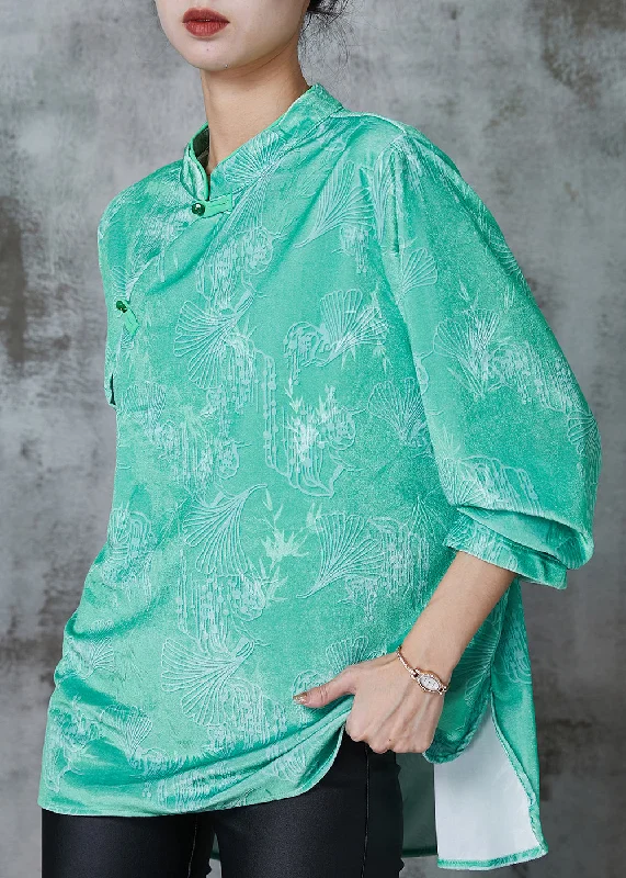 Formal ShirtsChinese Style Green Jacquard Silk Shirt Top Spring