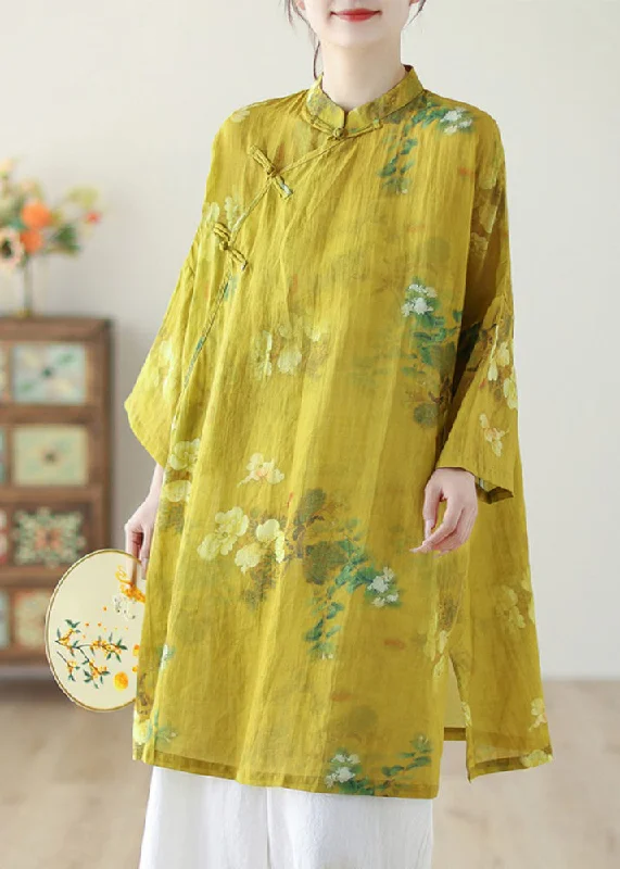 Travel ShirtsChinese Style Yellow Stand Collar Print Button Linen Shirts Long Sleeve