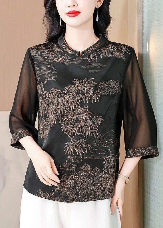 Sequined ShirtsCoffee Embroidered Print Silk Shirt Stand Collar Summer