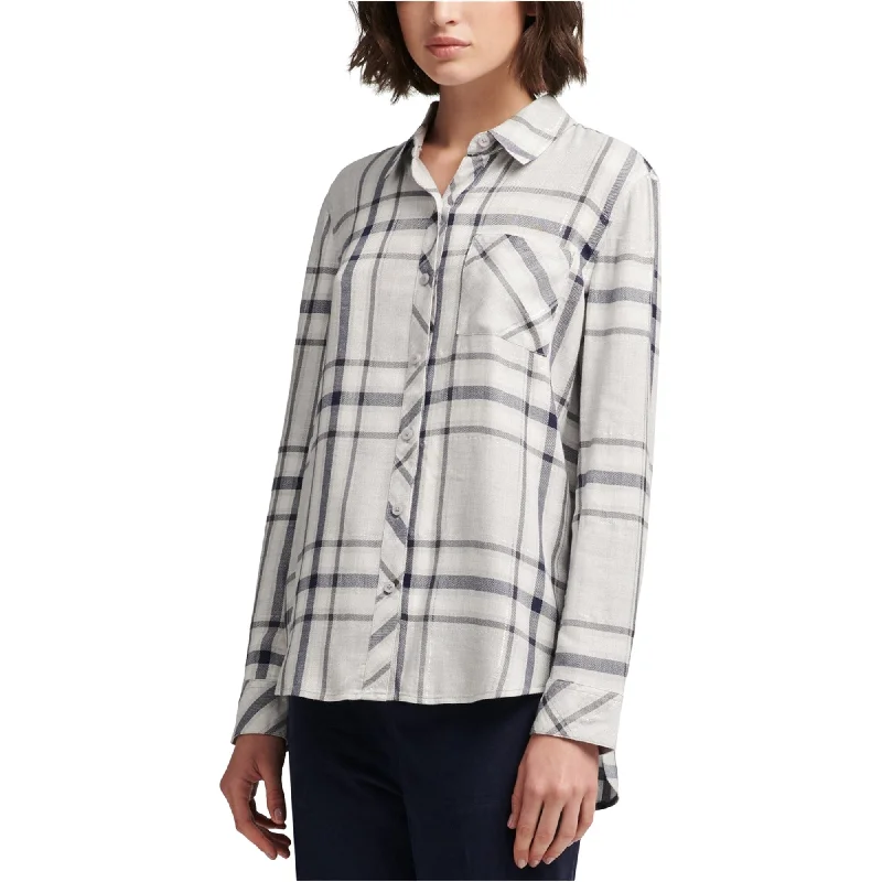 Cropped ShirtsDKNY Womens Plaid Button Up Shirt, Grey, Large