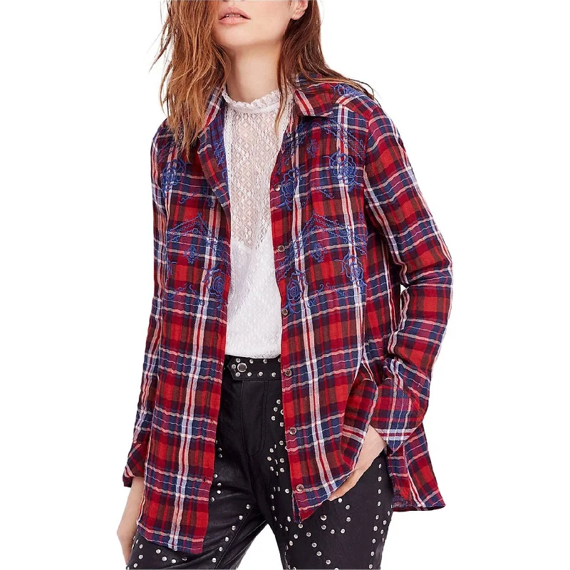 Athletic ShirtsFree People Womens Magical Plaid Button Up Shirt, Red, Small