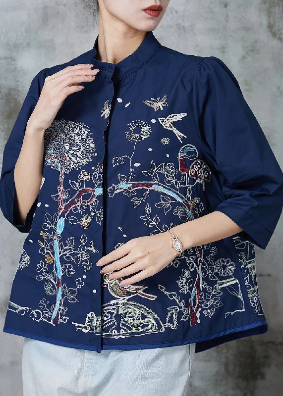 Travel ShirtsFrench Navy Embroidered Cotton Shirt Tops Bracelet Sleeve