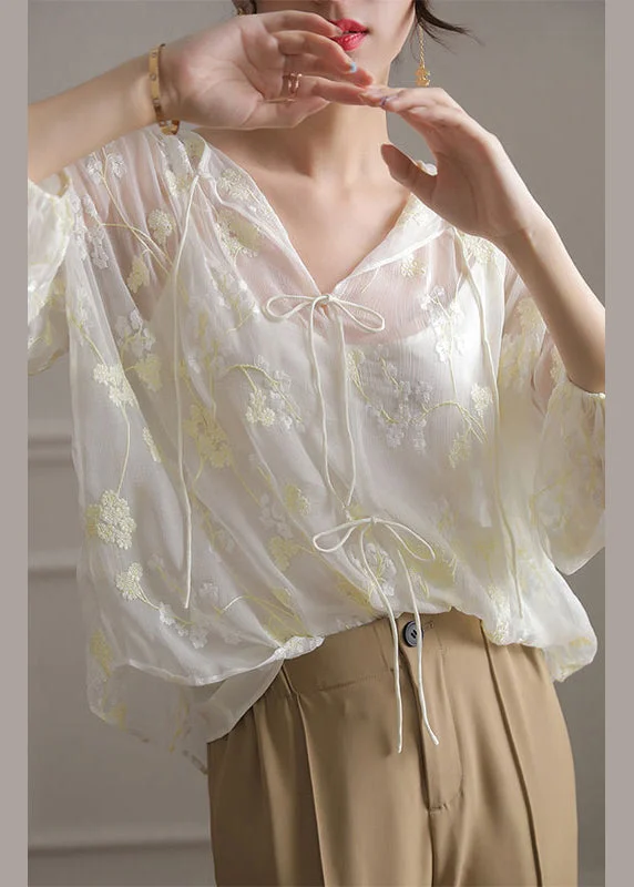 Ribbed Cuff ShirtsFrench White Embroidered Lace Up Silk Shirt Bracelet Sleeve