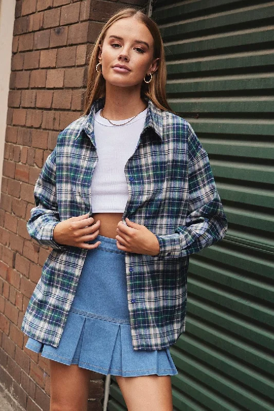 Satin ShirtsGreen Check Shirt Long Sleeve Collar Check