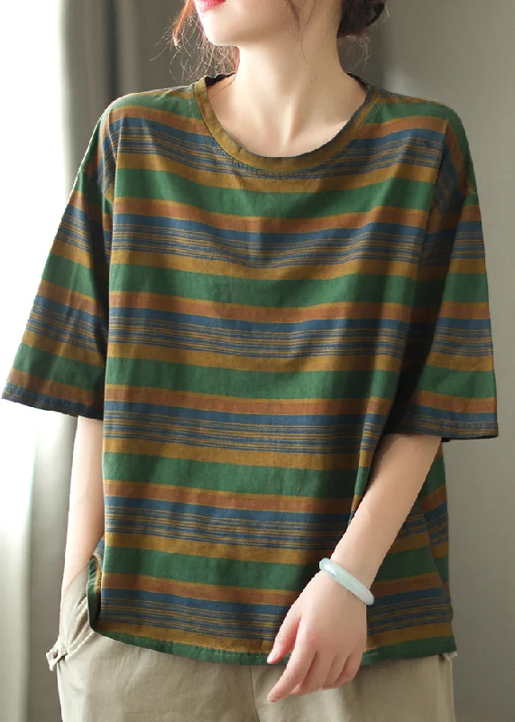 Sports Team ShirtsGreen Striped Loose Cozy Cotton T Shirts O Neck Half Sleeve