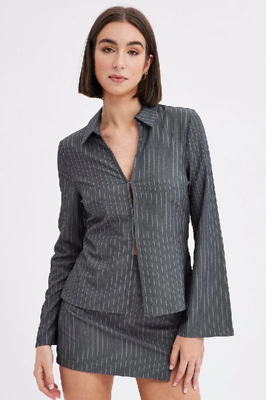 Pocket ShirtsGrey Stripe Shirt Long Sleeve Collared Hook & Eye