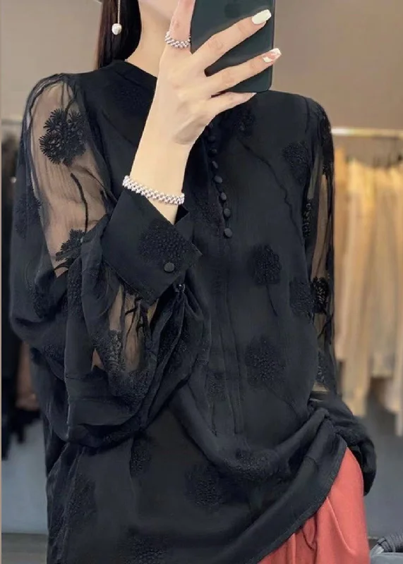 Hooded ShirtsItalian Black Embroidered Button Chiffon Shirt Long Sleeve