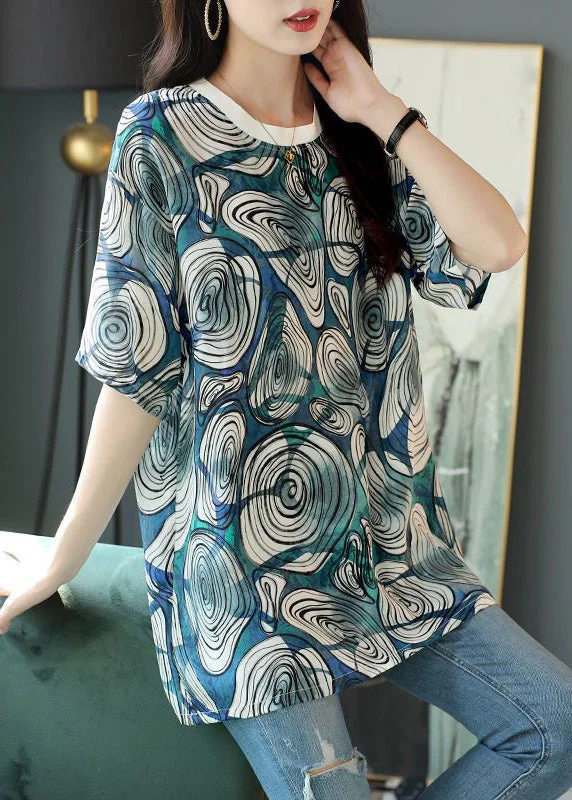 Festival ShirtsLoose Blue O Neck Print Cotton T Shirt Half Sleeve