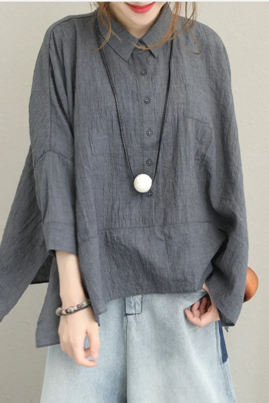 Recycled Fabric ShirtsLoose Gray Cotton Shirt Women Spring Summer Blouse