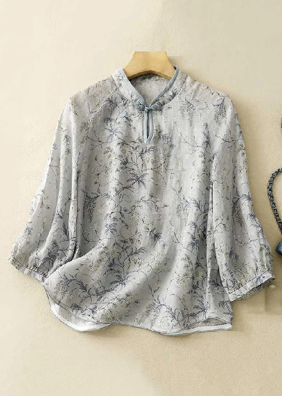 Graphic ShirtsLoose Grey Stand Collar Button Print Cotton Shirt Bracelet Sleeve