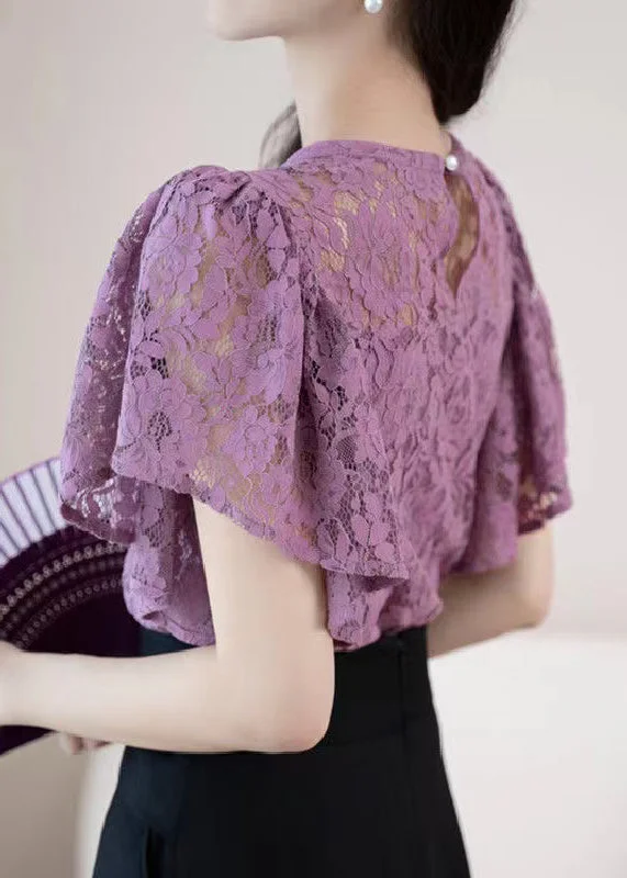 Recycled Fabric ShirtsNew Purple O-Neck Hollow Out Lace Shirt Summer